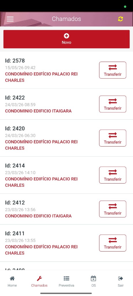 Lista de chamados no Liftflex App