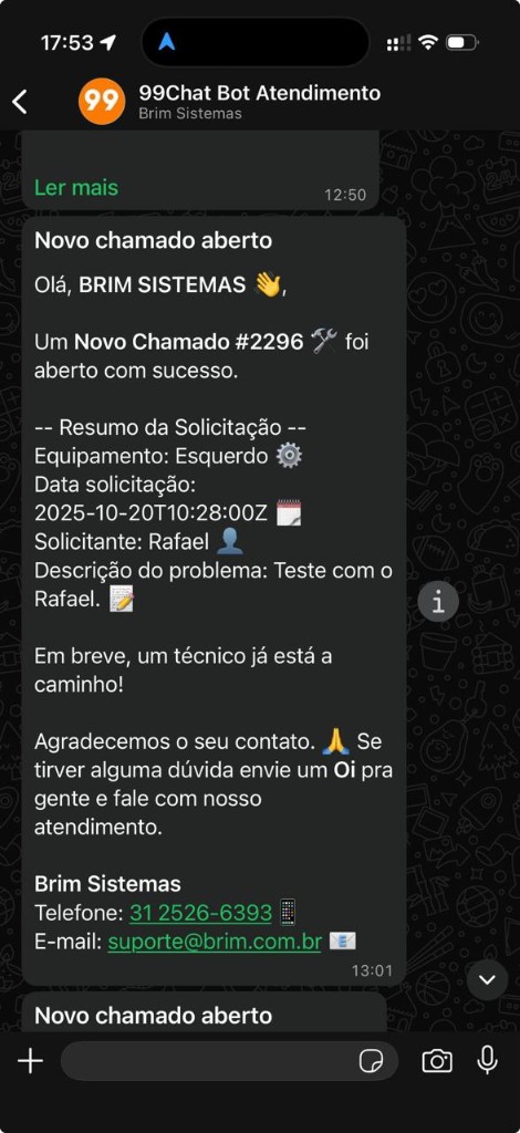 Notificação de chamado no WhatsApp